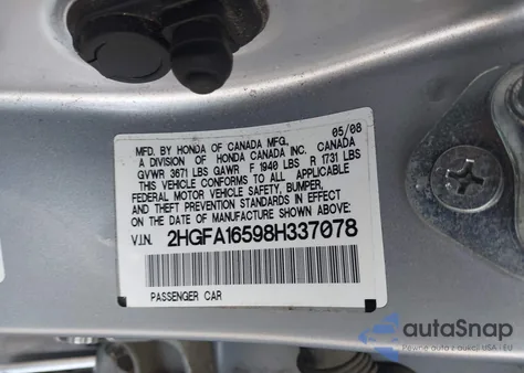 2008 Honda Civic Lx из США, поврежденный, VIN 2HGFA16598H337078